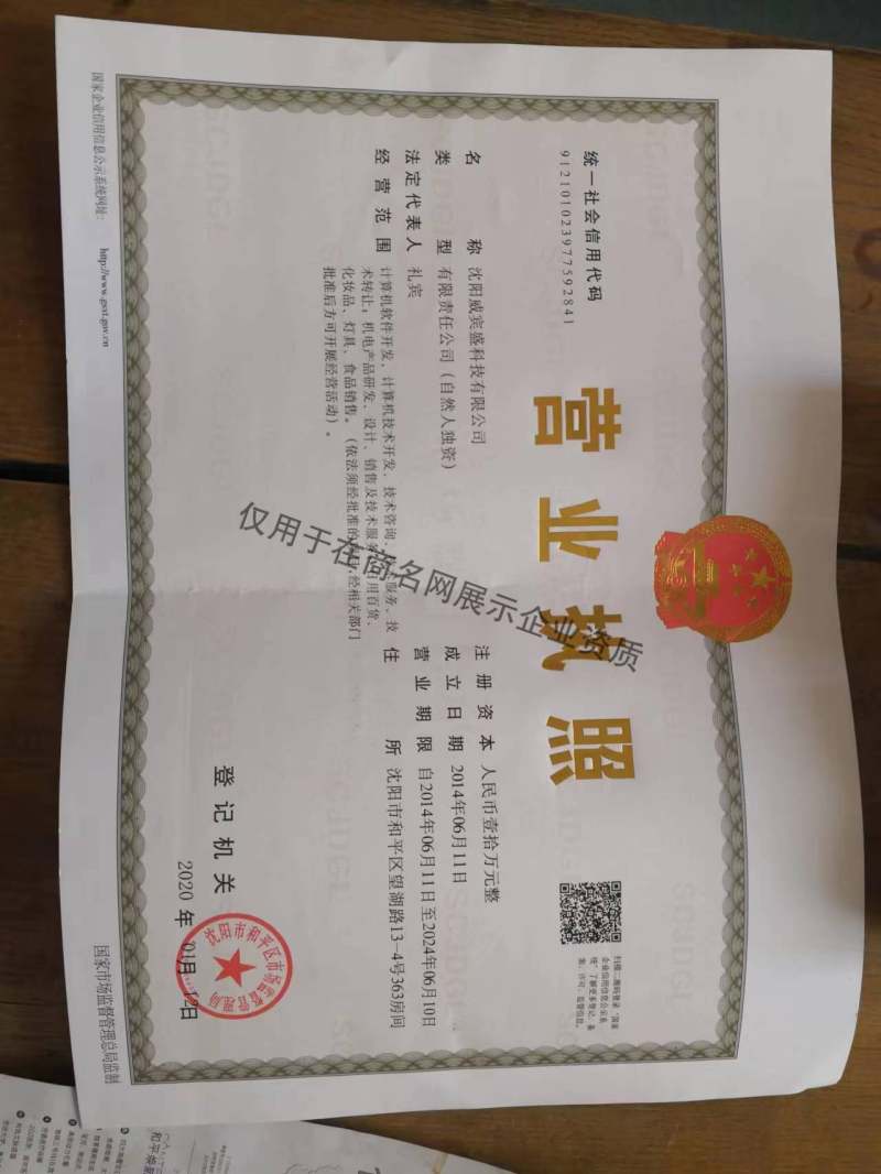 沈阳威宾盛科技有限公司企业证书
