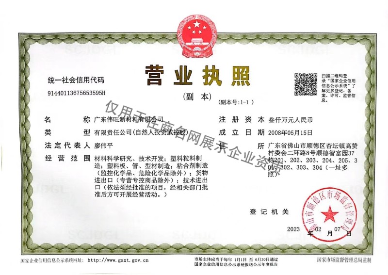 广东伟旺新材料有限公司企业证书