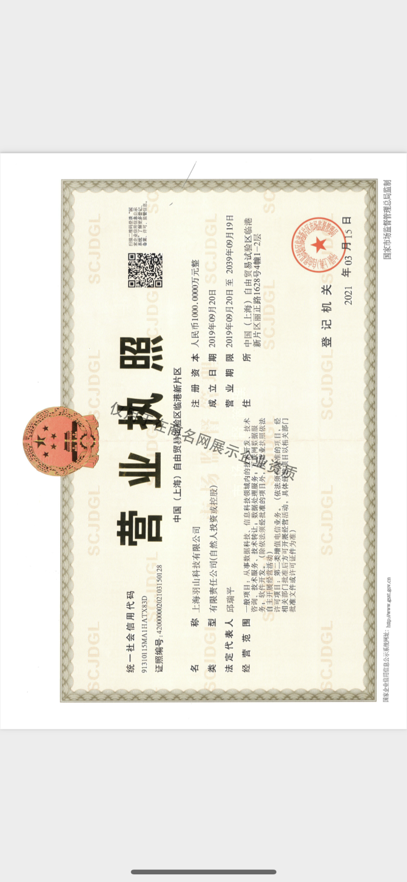 上海羽山科技有限公司企业证书