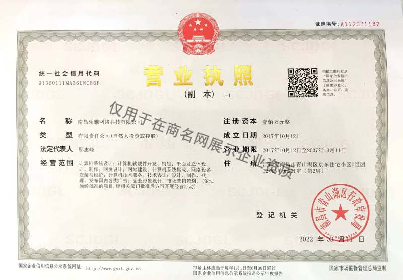 南昌乐雅网络科技有限公司企业证书