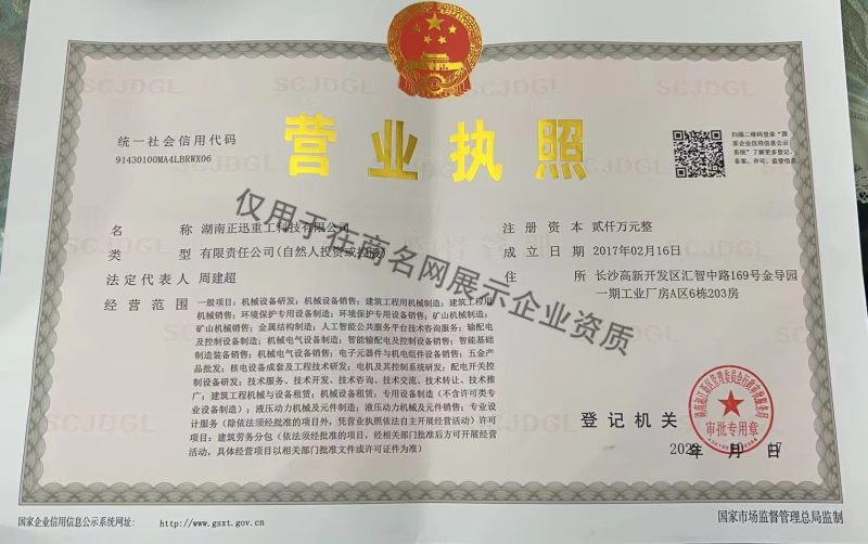 湖南正迅重工科技有限公司企业证书