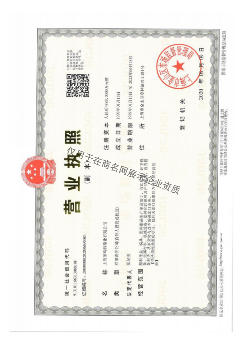 上海派瑞特塑业有限公司企业证书