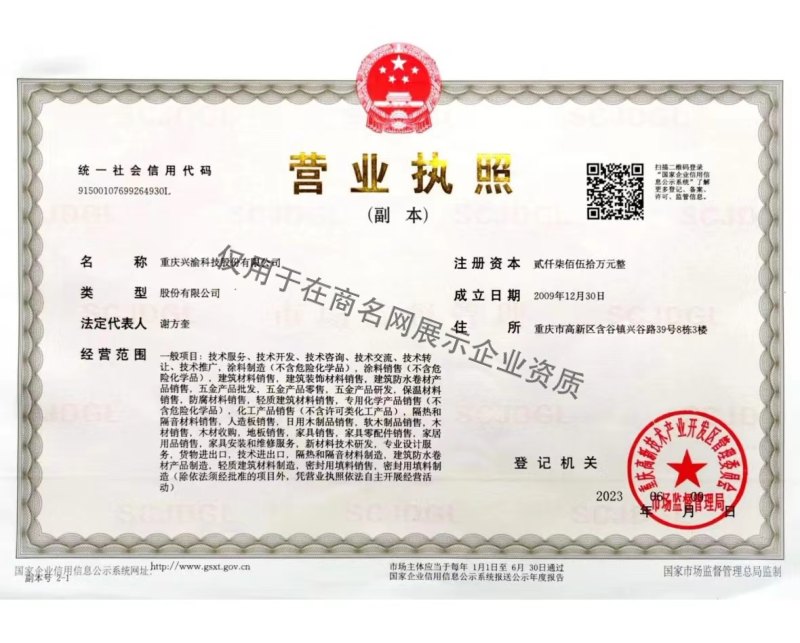 重庆兴渝科技股份有限公司企业证书