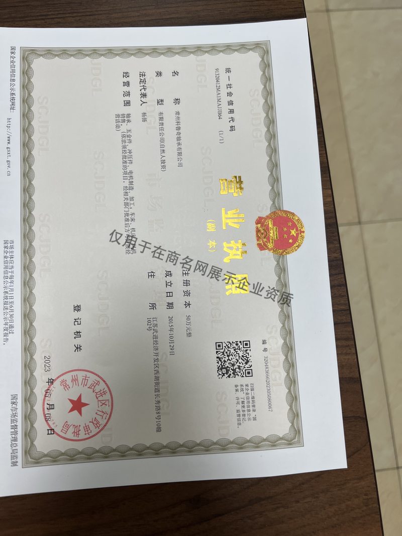 常州科鲁奇轴承有限公司企业证书