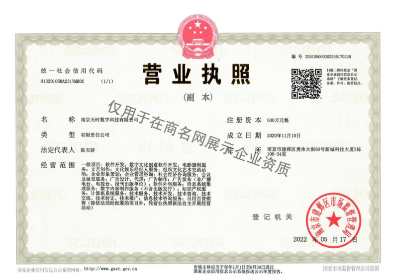 南京天时数字科技有限公司企业证书