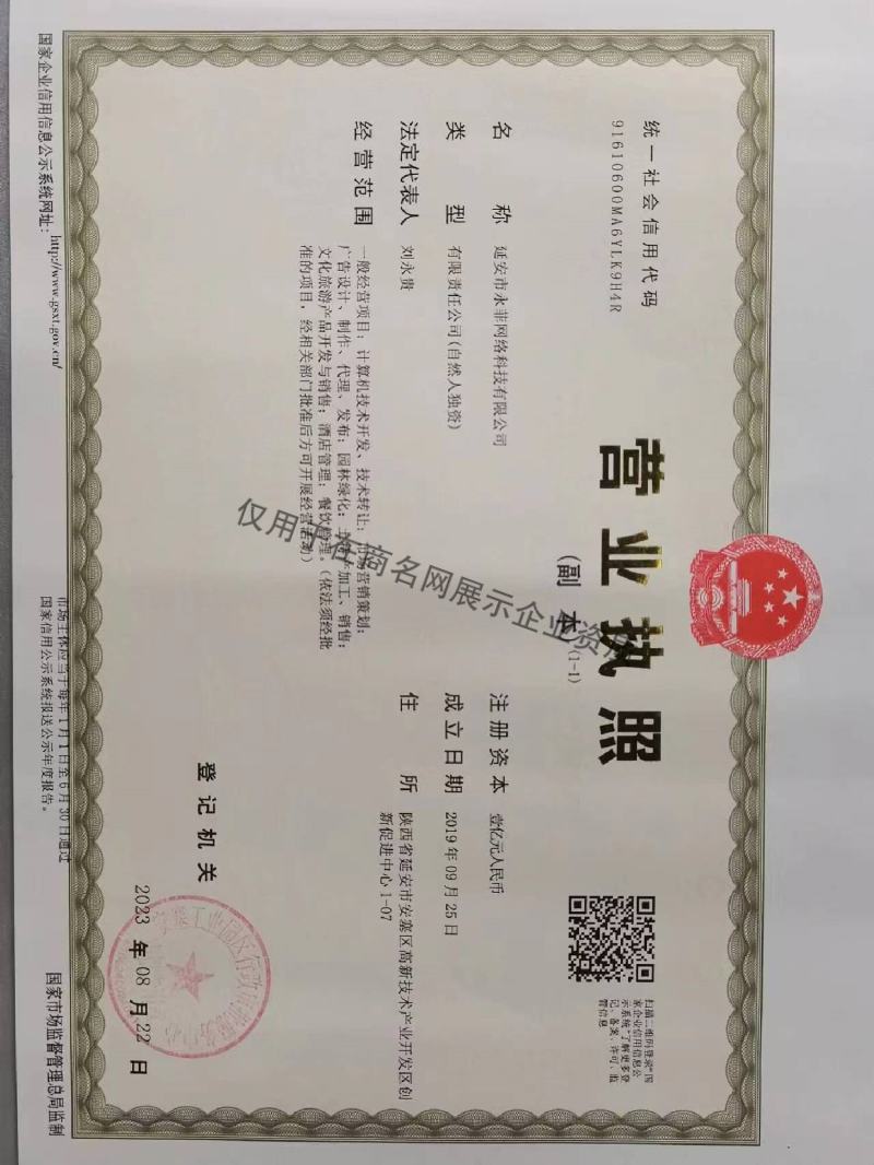 延安市永菲网络科技有限公司企业证书