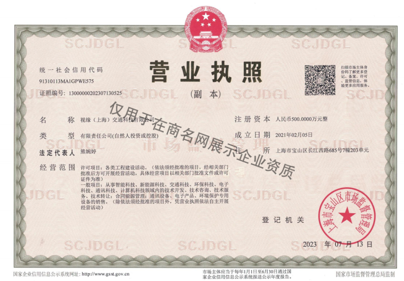 视缘（上海）交通科技有限公司企业证书