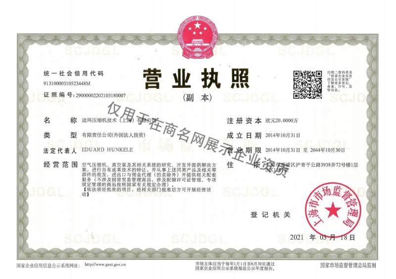 迪珥压缩机技术（上海）有限公司企业证书