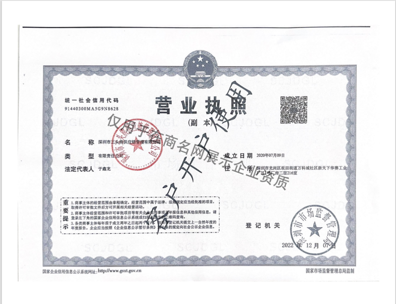 深圳市三头熊供应链管理有限公司企业证书