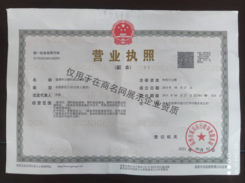 淄博环方塑料制品有限公司企业证书