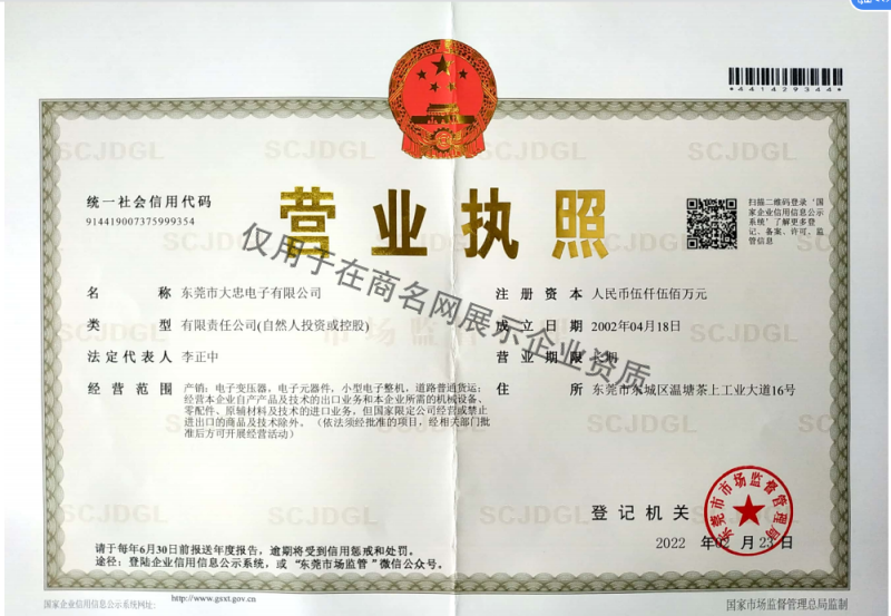 东莞市大忠电子有限公司企业证书