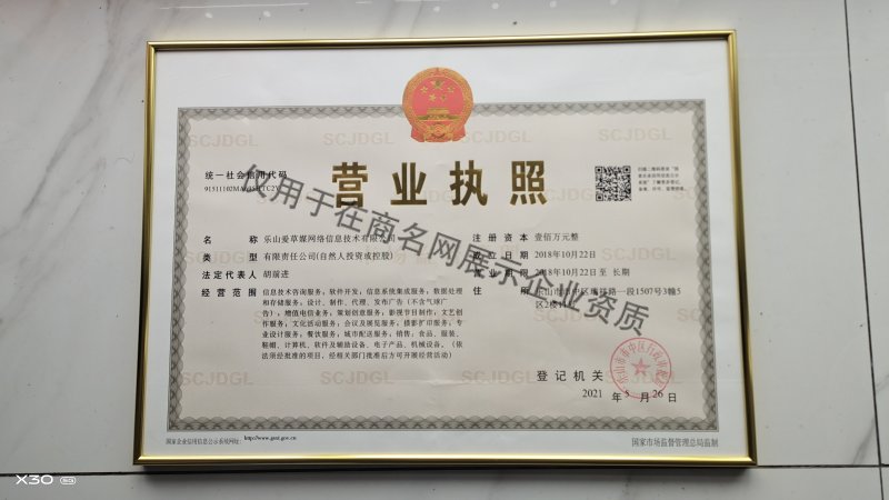 乐山爱草媒网络信息技术有限公司企业证书