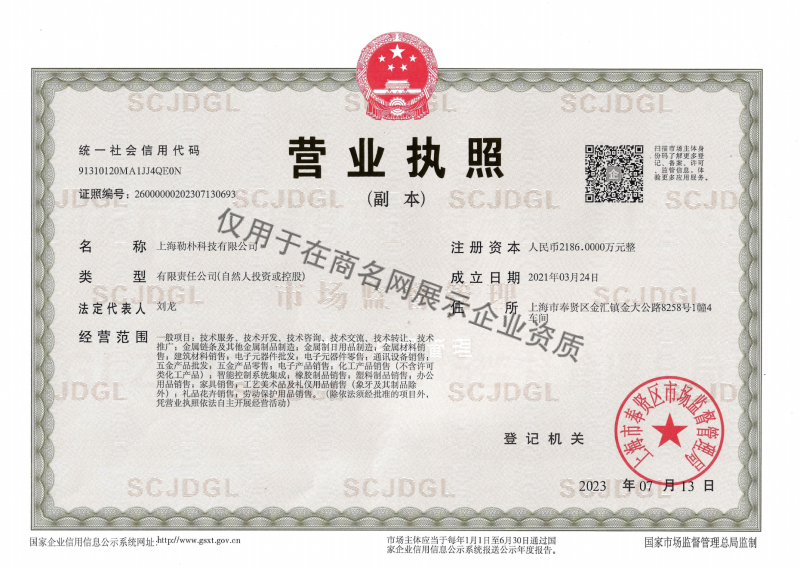 上海勒朴科技有限公司企业证书
