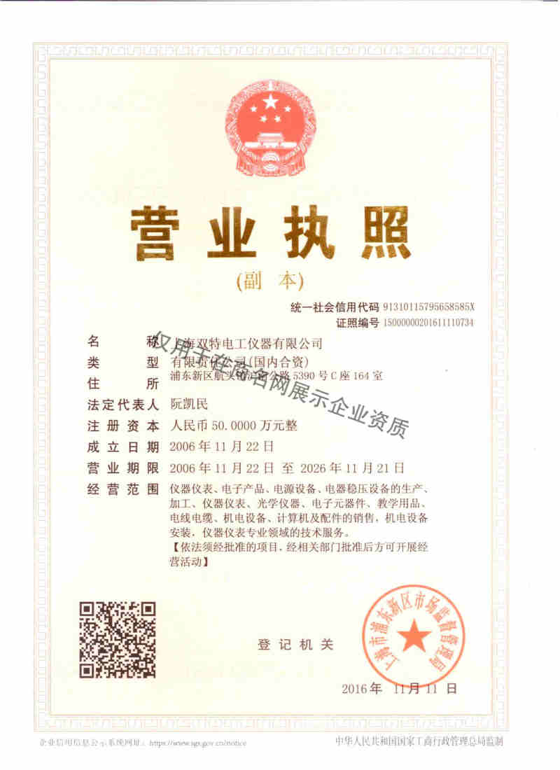 上海双特电工仪器有限公司企业证书
