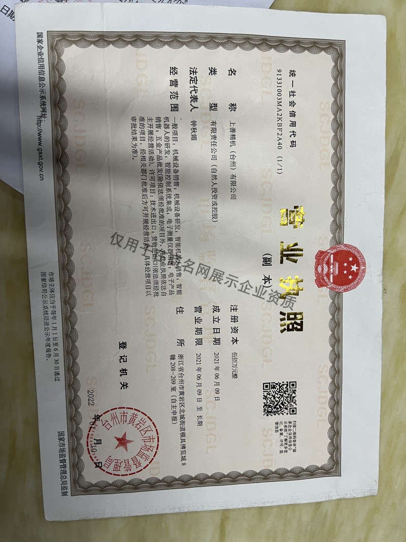 上善精机（台州）有限公司企业证书