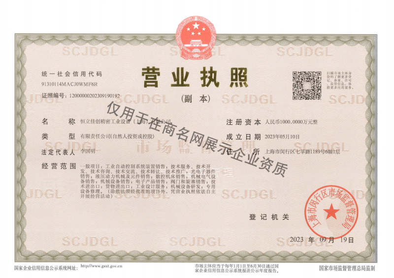 恒立佳创精密工业设备（上海）有限公司企业证书