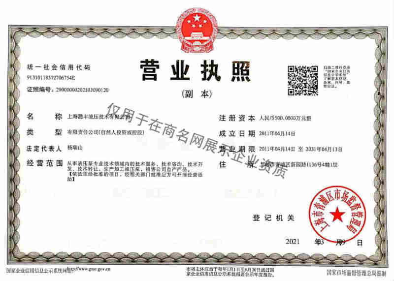 上海潞丰液压技术有限公司企业证书