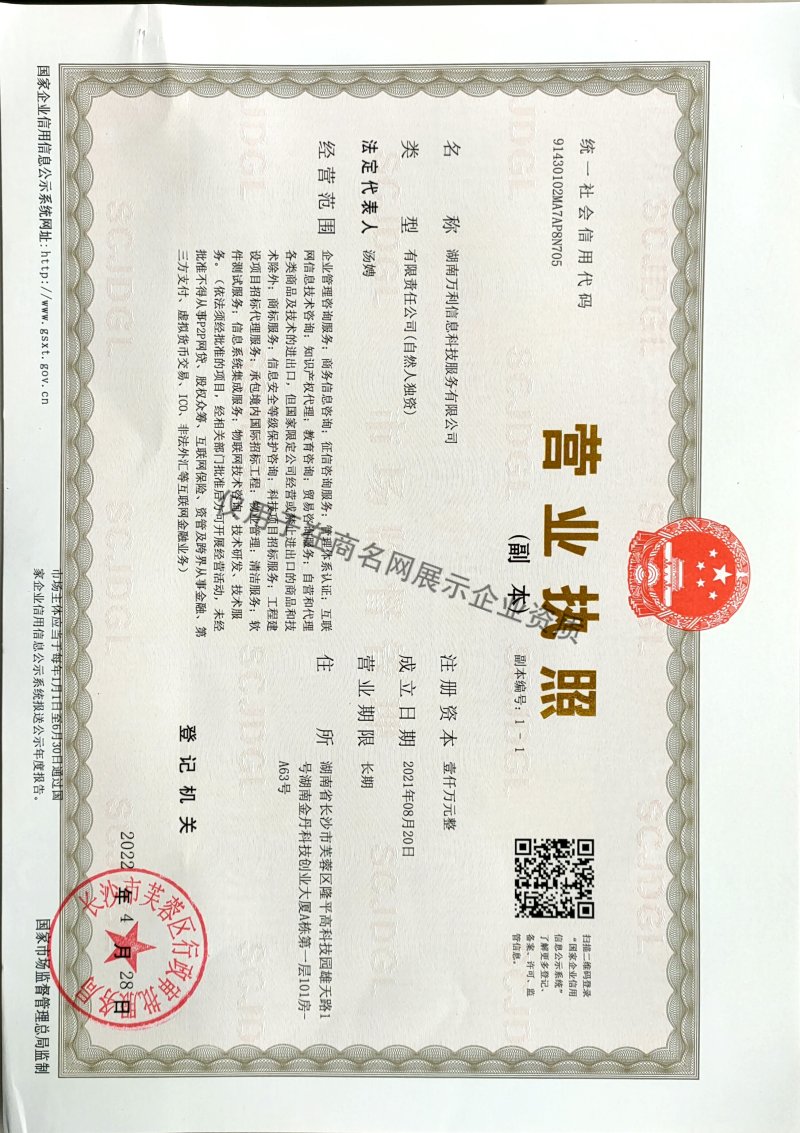 湖南万利信息科技服务有限公司企业证书