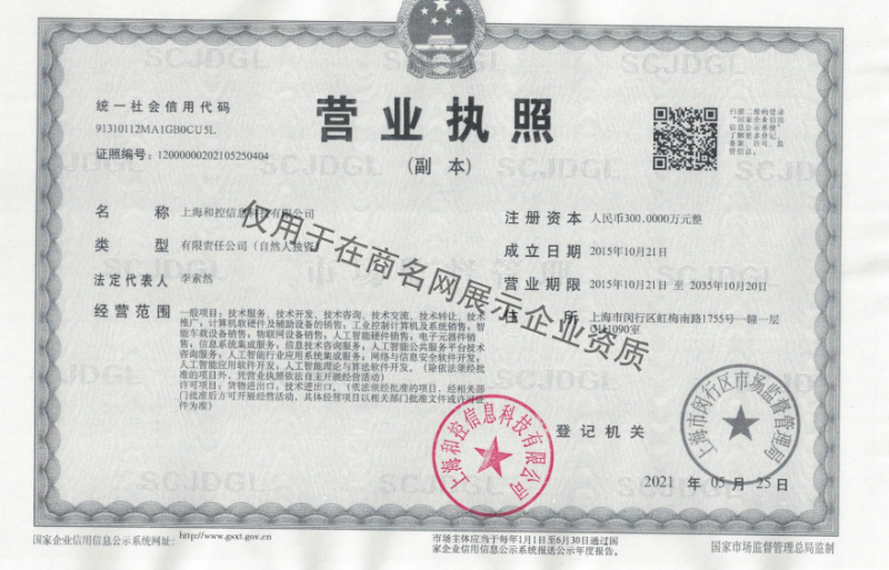 上海和控信息科技有限公司企业证书