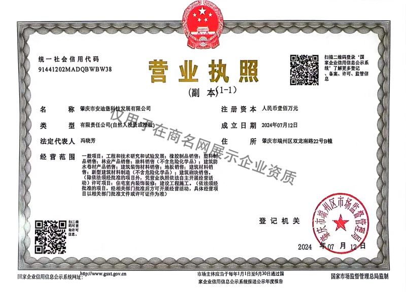 肇庆市安迪堡科技发展有限公司企业证书