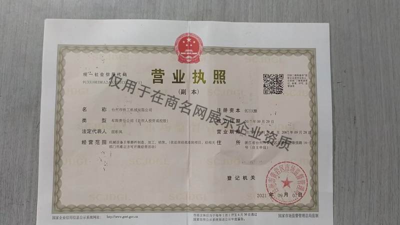 台州市铁工机械有限公司企业证书