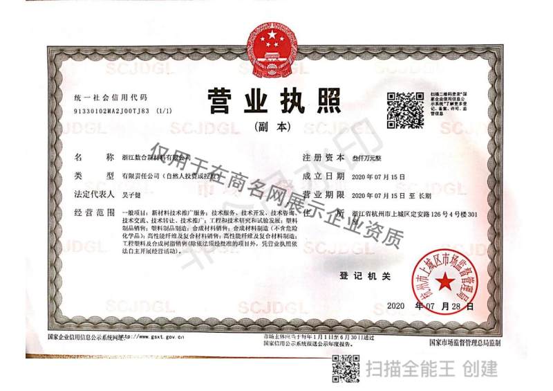 浙江数合新材料有限公司企业证书