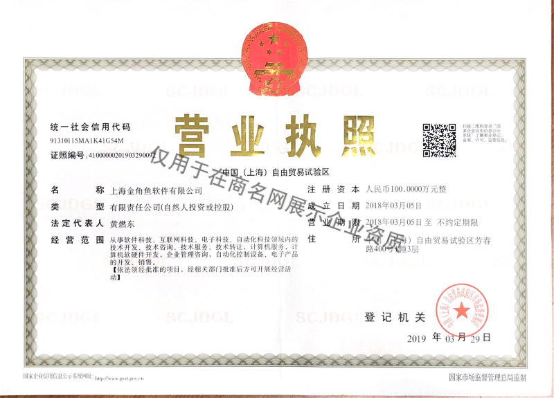 上海金角鱼软件有限公司企业证书
