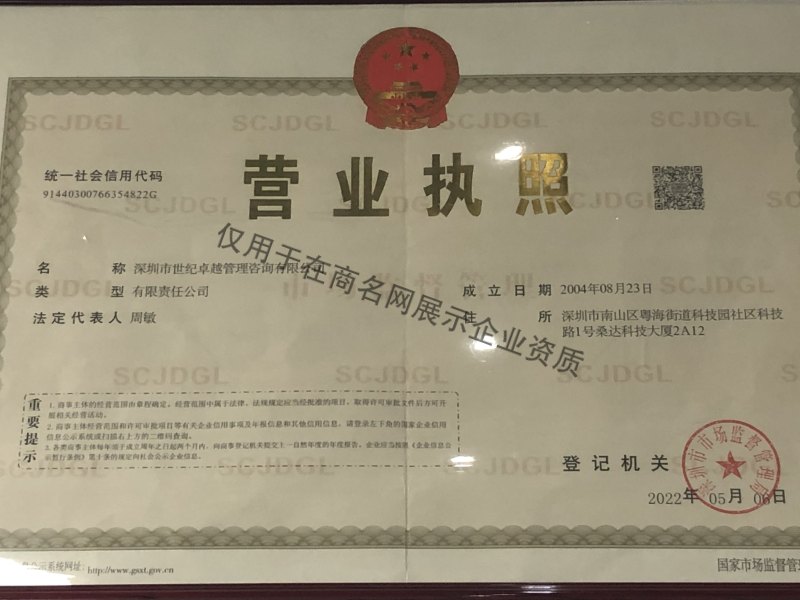 深圳市世纪卓越管理咨询有限公司企业证书
