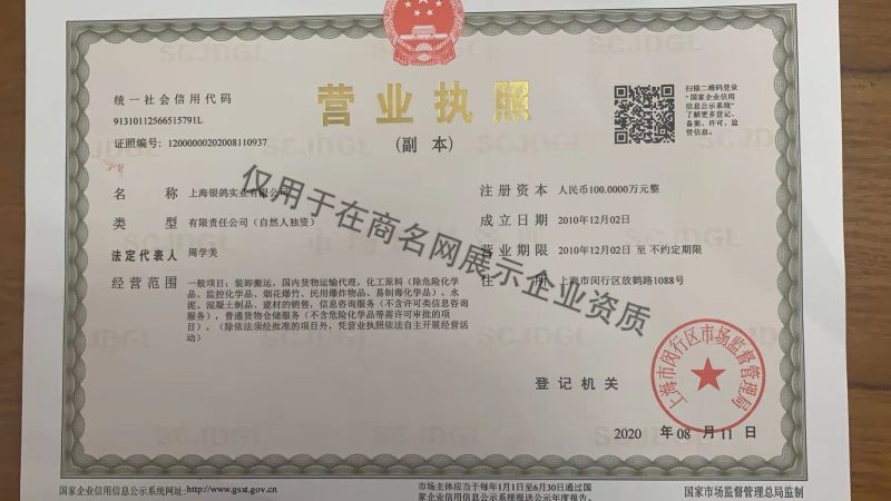 上海银鸽实业有限公司企业证书