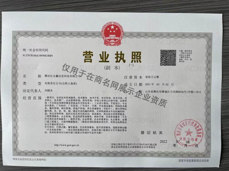 潍坊亿企赢信息科技有限公司企业证书
