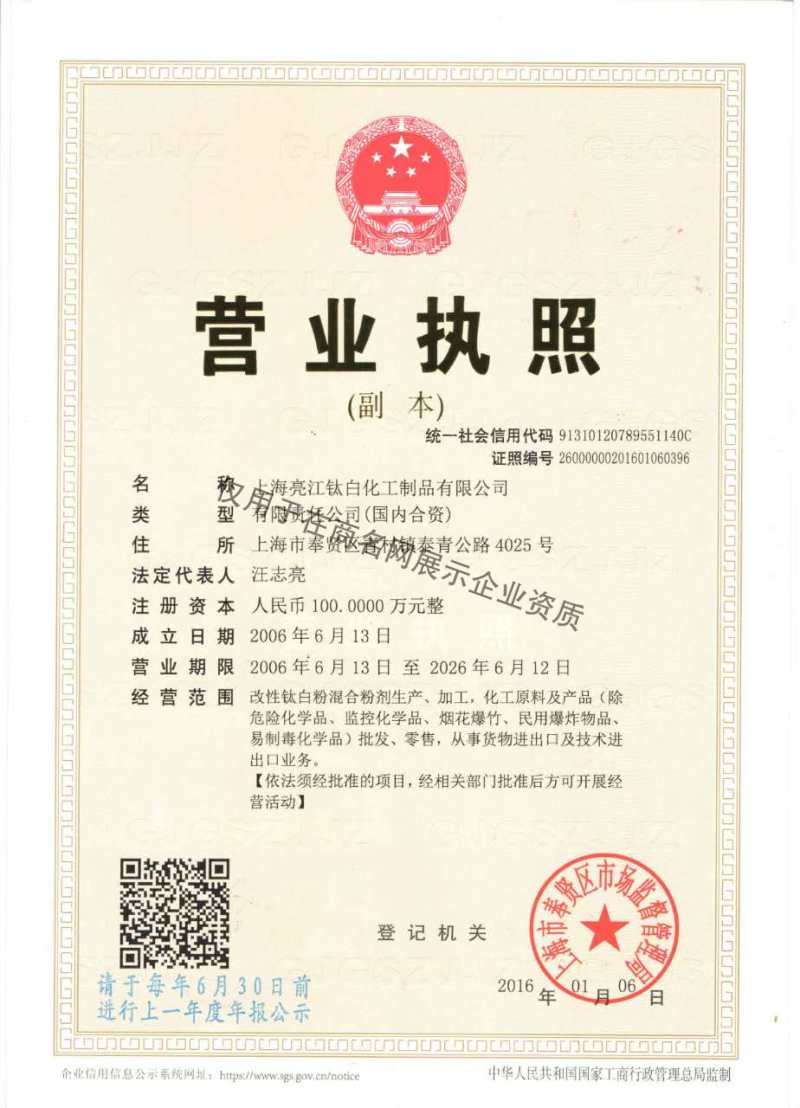 上海亮江钛白化工制品有限公司企业证书